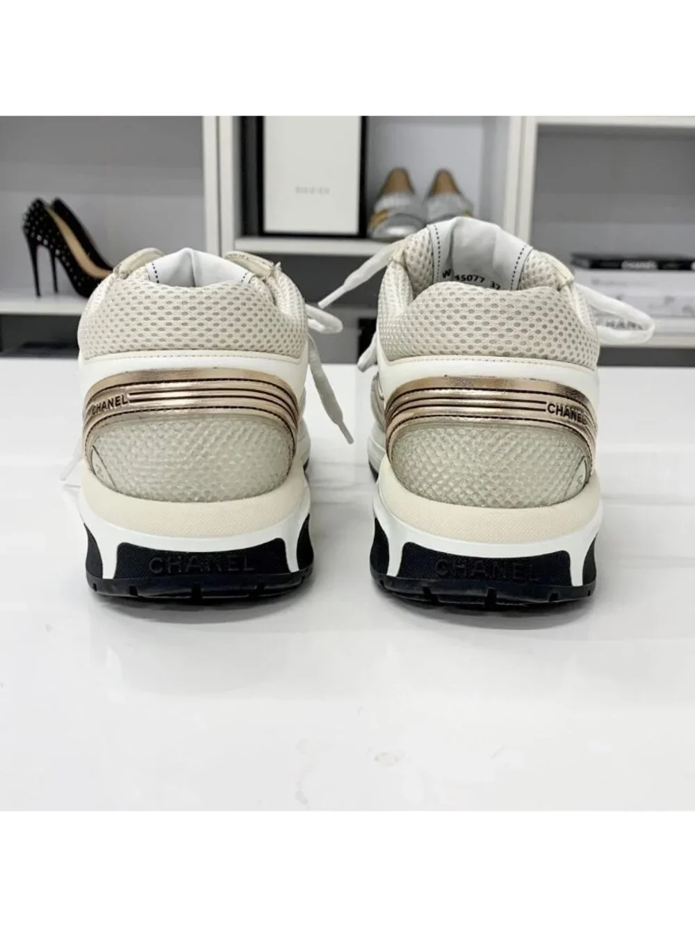 Chanel CC Logo Mesh Leather Sneakers Beige